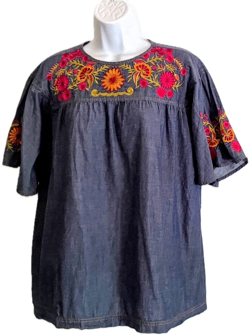 Embroidered Navy Floral Peasant Blouse